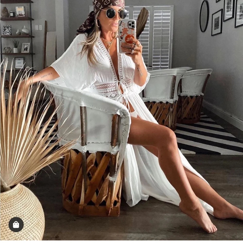 White Sheer Beach Cover-Up boho beach festival cardigan - Picture 2 of 4